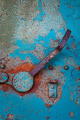 USA, Washington, Port Townsend, Fort Worden SP. Corroded metal door latch of old gun battery. Architecture Print
